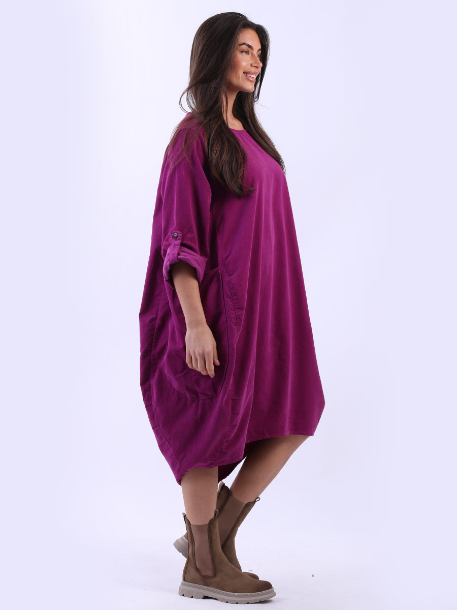 Tabbed Sleeves Plain Cotton Corduroy Dress