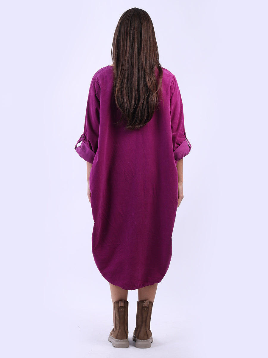 Tabbed Sleeves Plain Cotton Corduroy Dress