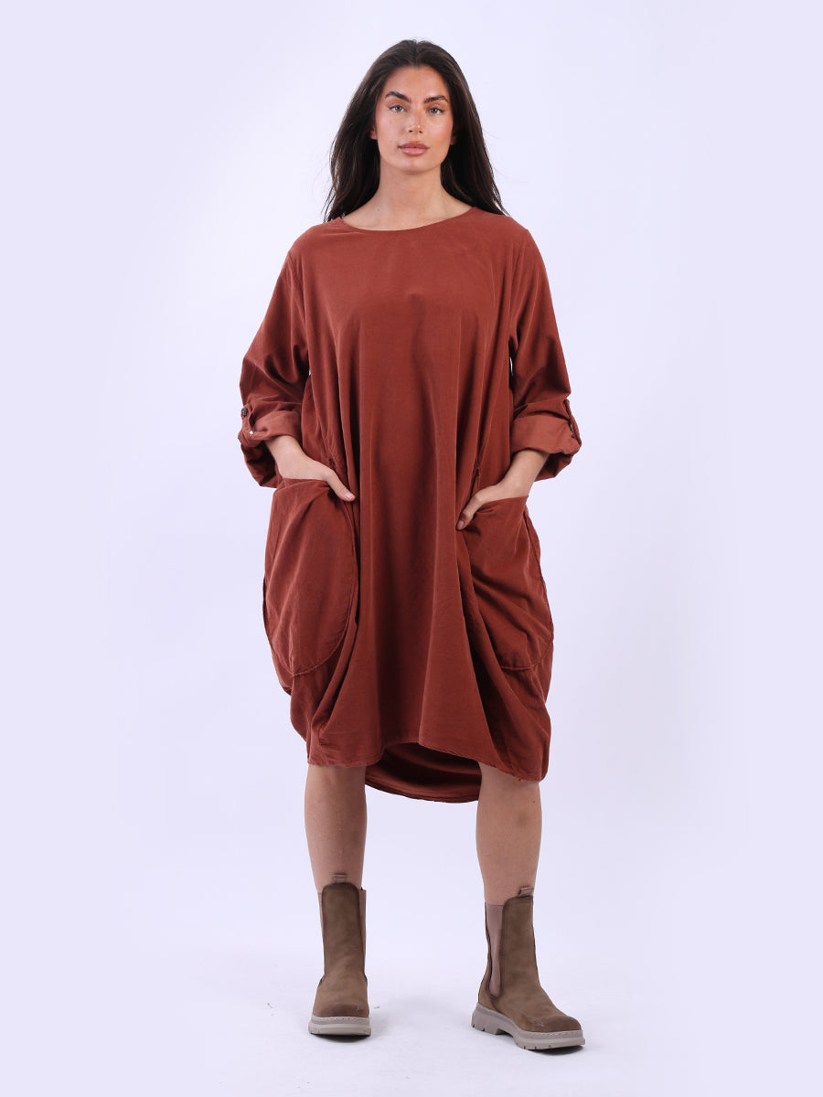 Tabbed Sleeves Plain Cotton Corduroy Dress