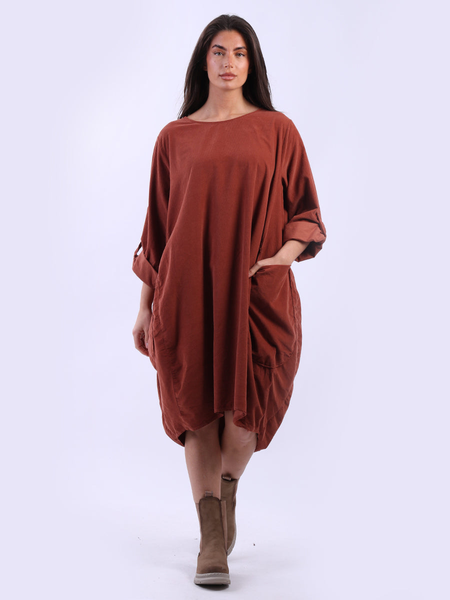 Tabbed Sleeves Plain Cotton Corduroy Dress