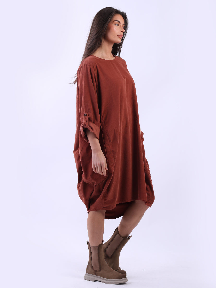 Tabbed Sleeves Plain Cotton Corduroy Dress