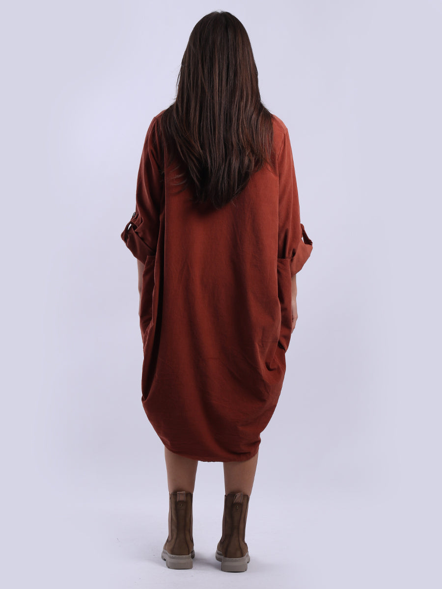 Tabbed Sleeves Plain Cotton Corduroy Dress