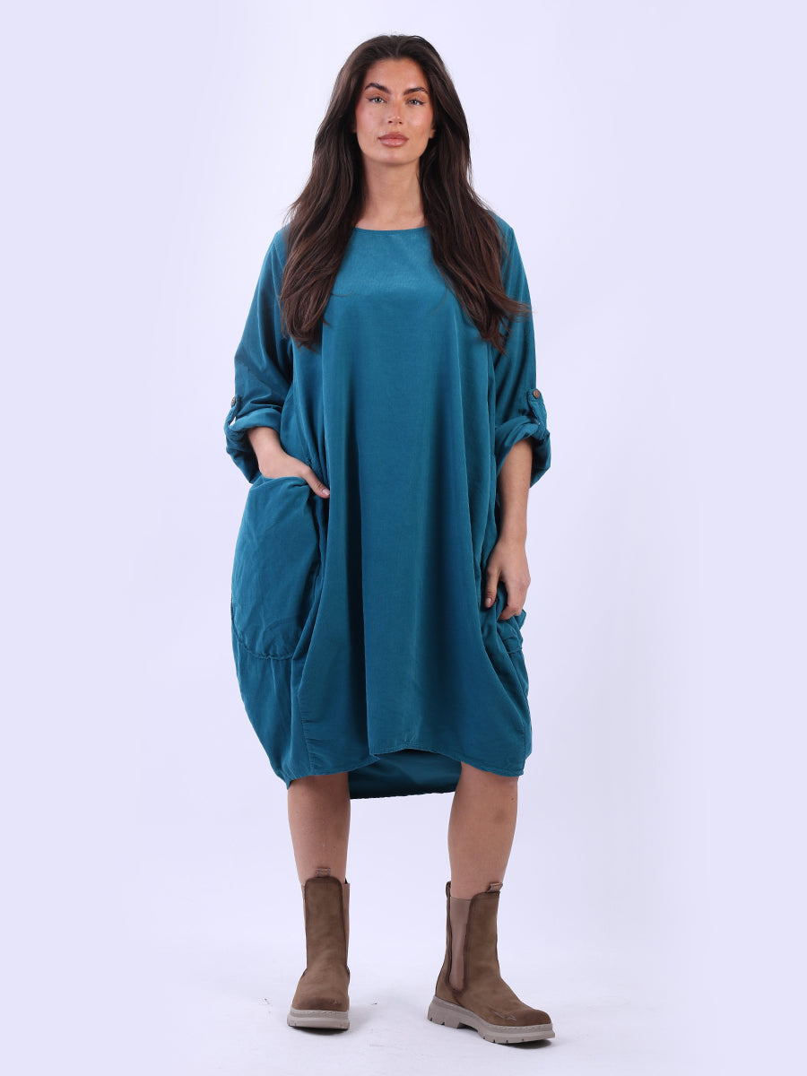 Tabbed Sleeves Plain Cotton Corduroy Dress