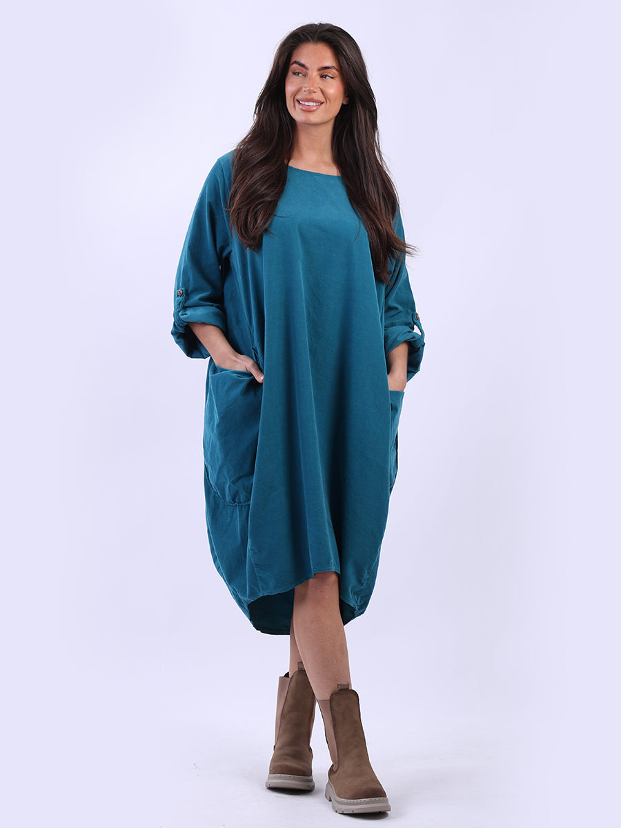 Tabbed Sleeves Plain Cotton Corduroy Dress