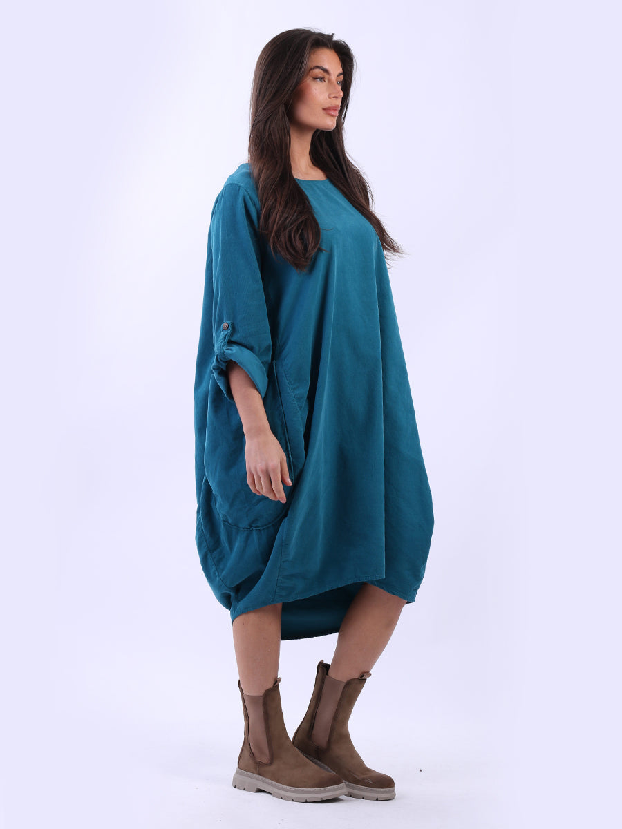 Tabbed Sleeves Plain Cotton Corduroy Dress