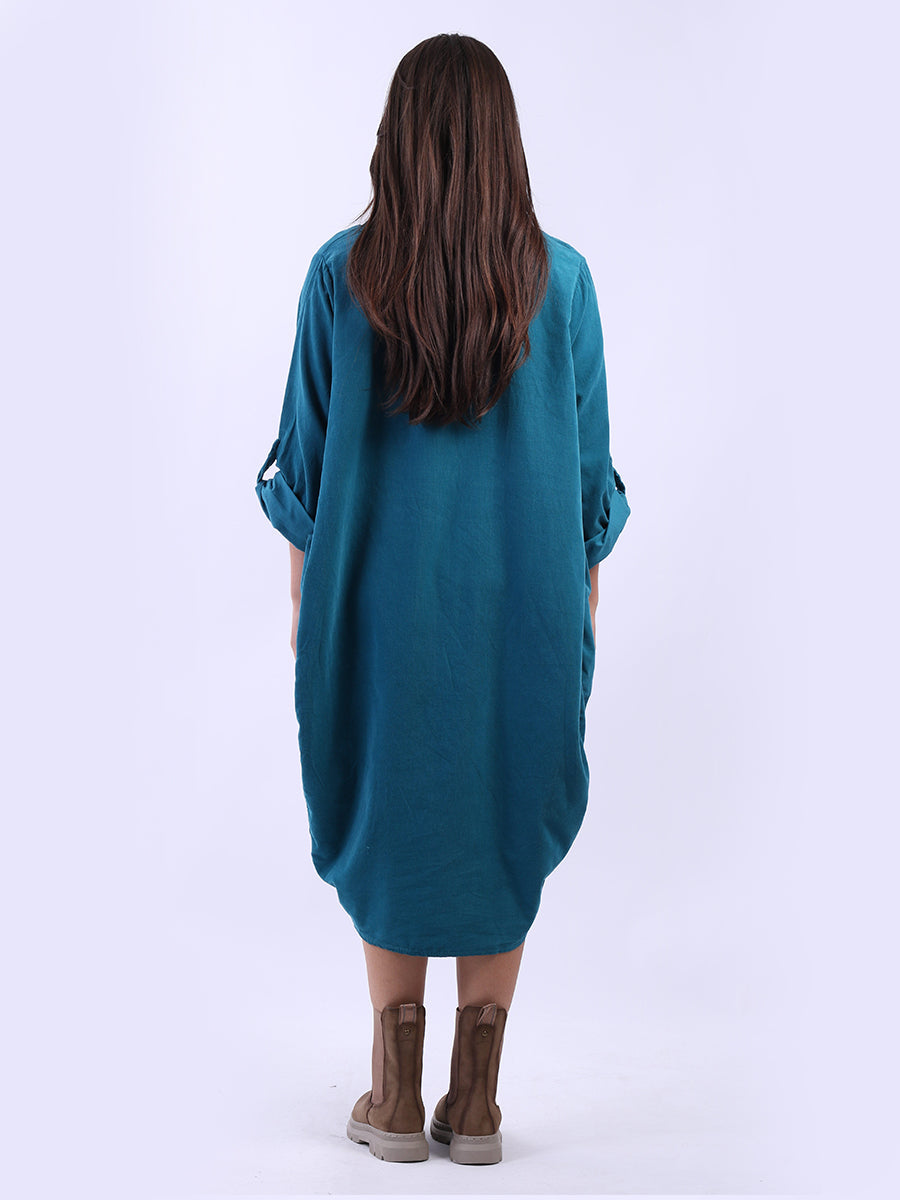 Tabbed Sleeves Plain Cotton Corduroy Dress