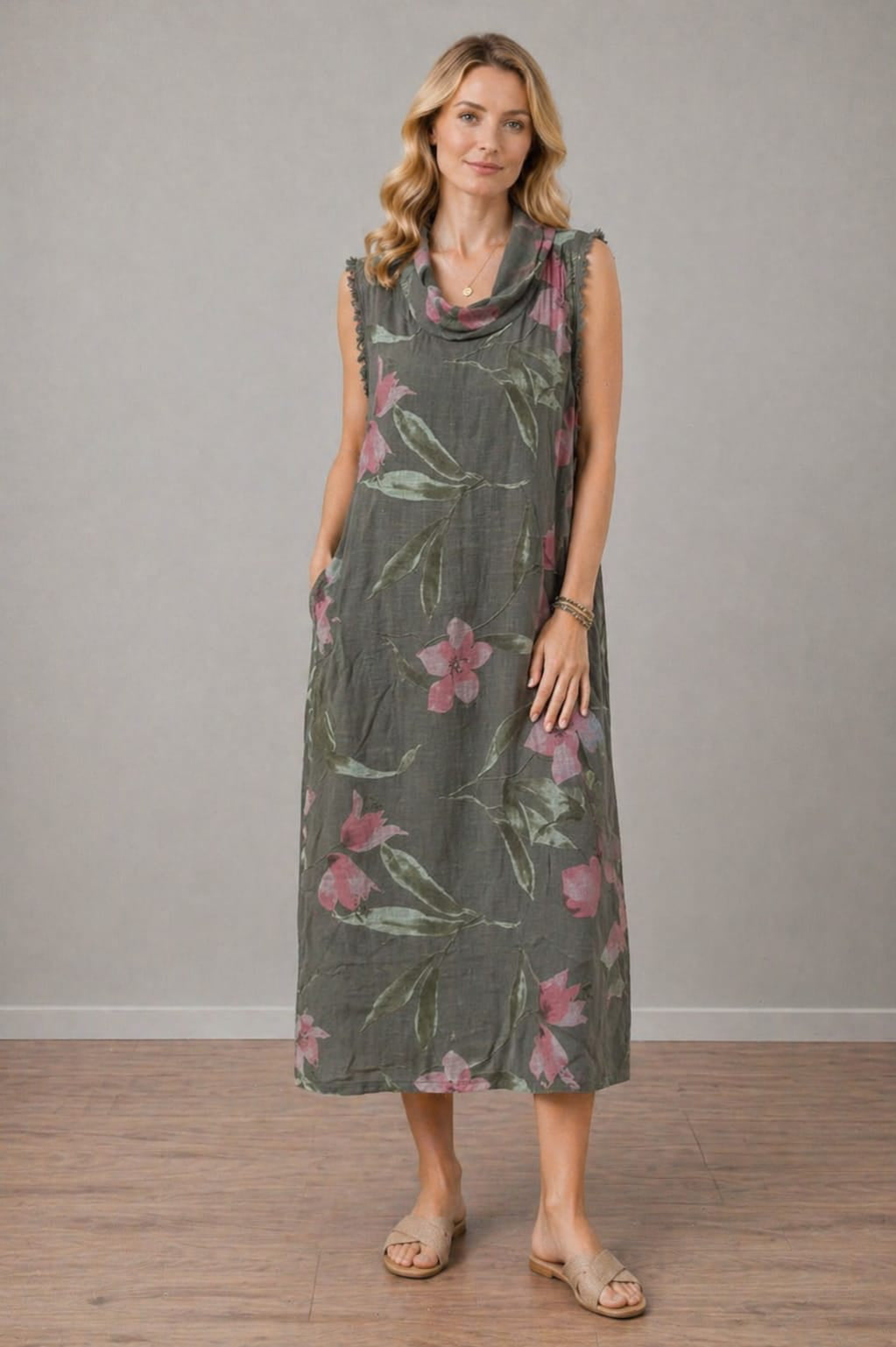 Floral Linen Dress Khaki