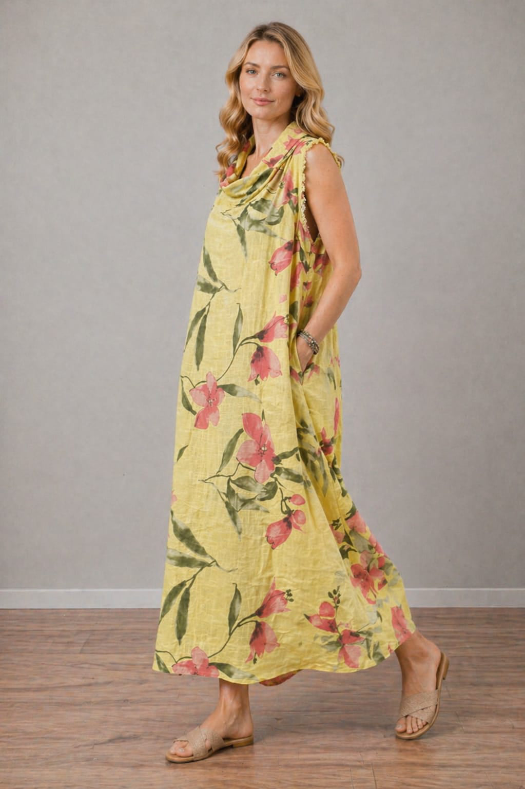 Italian Raw Edge Floral Print Tank Dress