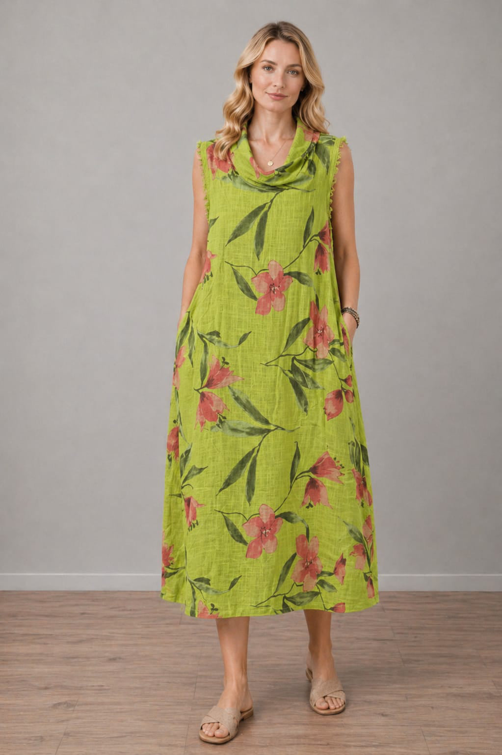 Floral Linen Dress Lime Green