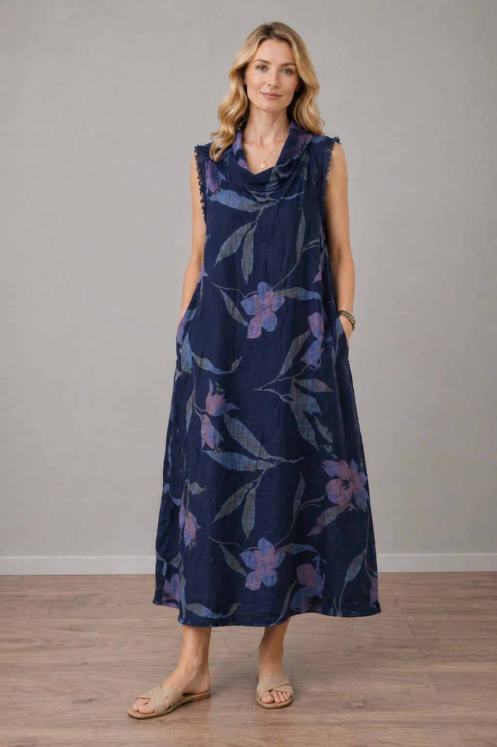 Floral Linen Dress Navy