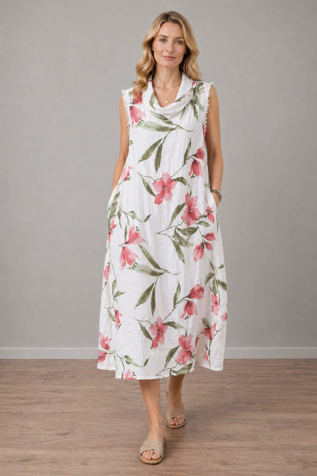 Floral Linen Dress White