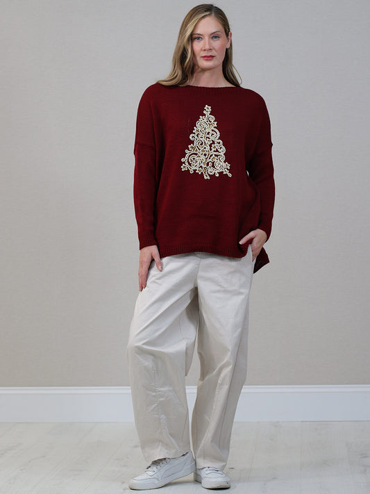 Crochet Xmas Tree Jumper Wine