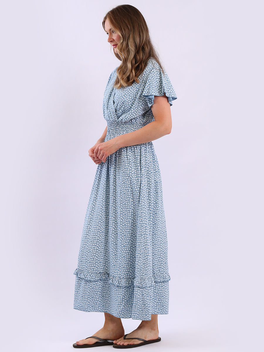 V Wrap Neck Smocked Floral Dress