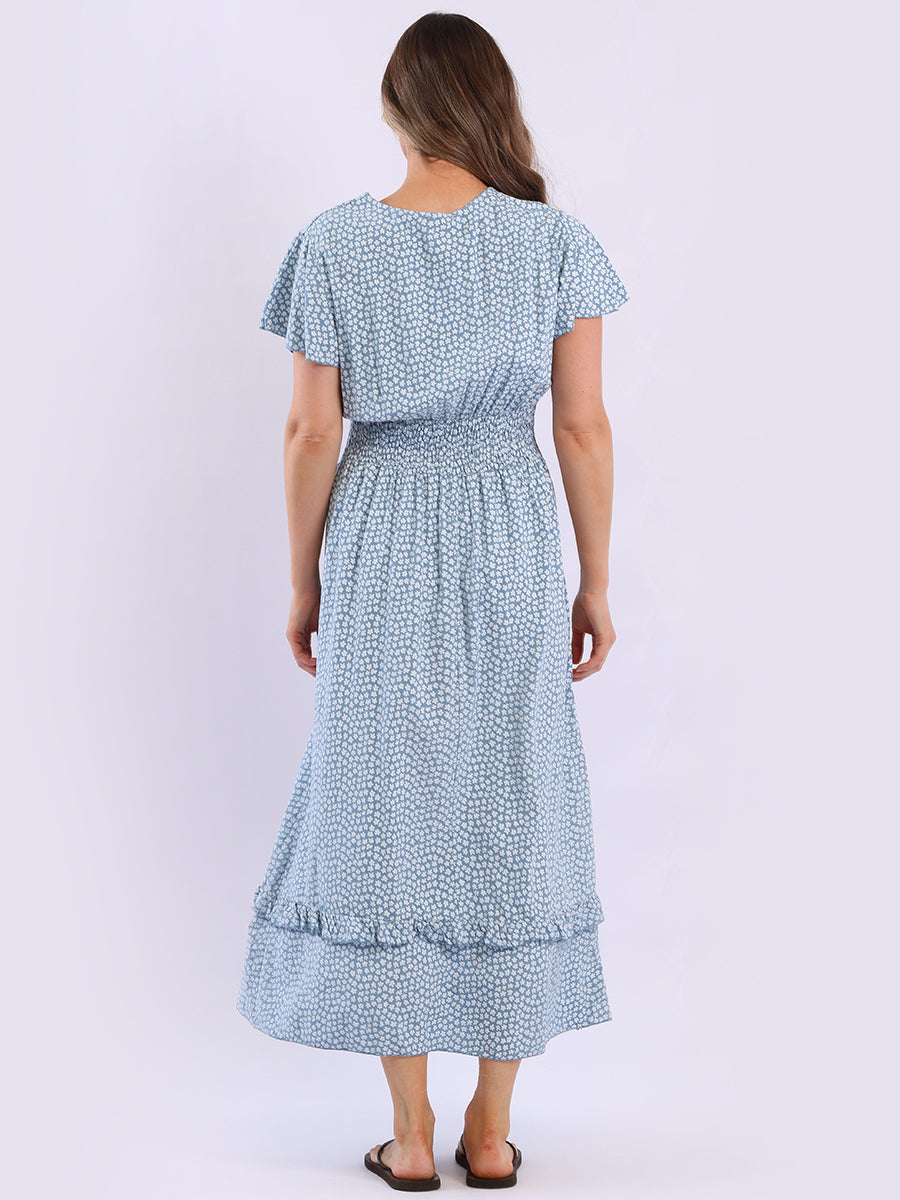 V Wrap Neck Smocked Floral Dress