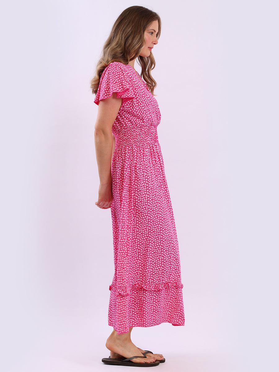 V Wrap Neck Smocked Floral Dress