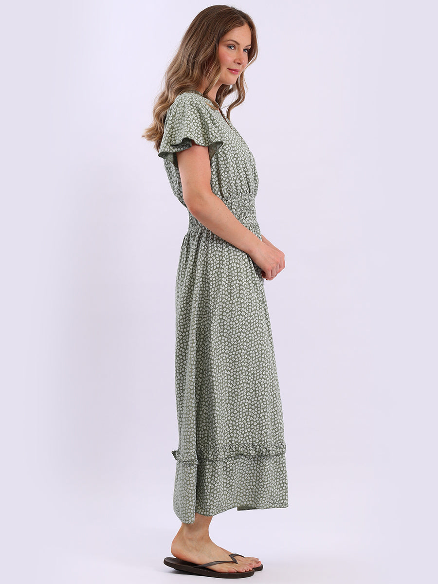 V Wrap Neck Smocked Floral Dress