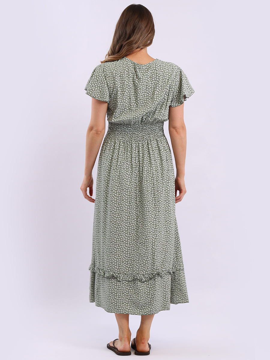 V Wrap Neck Smocked Floral Dress