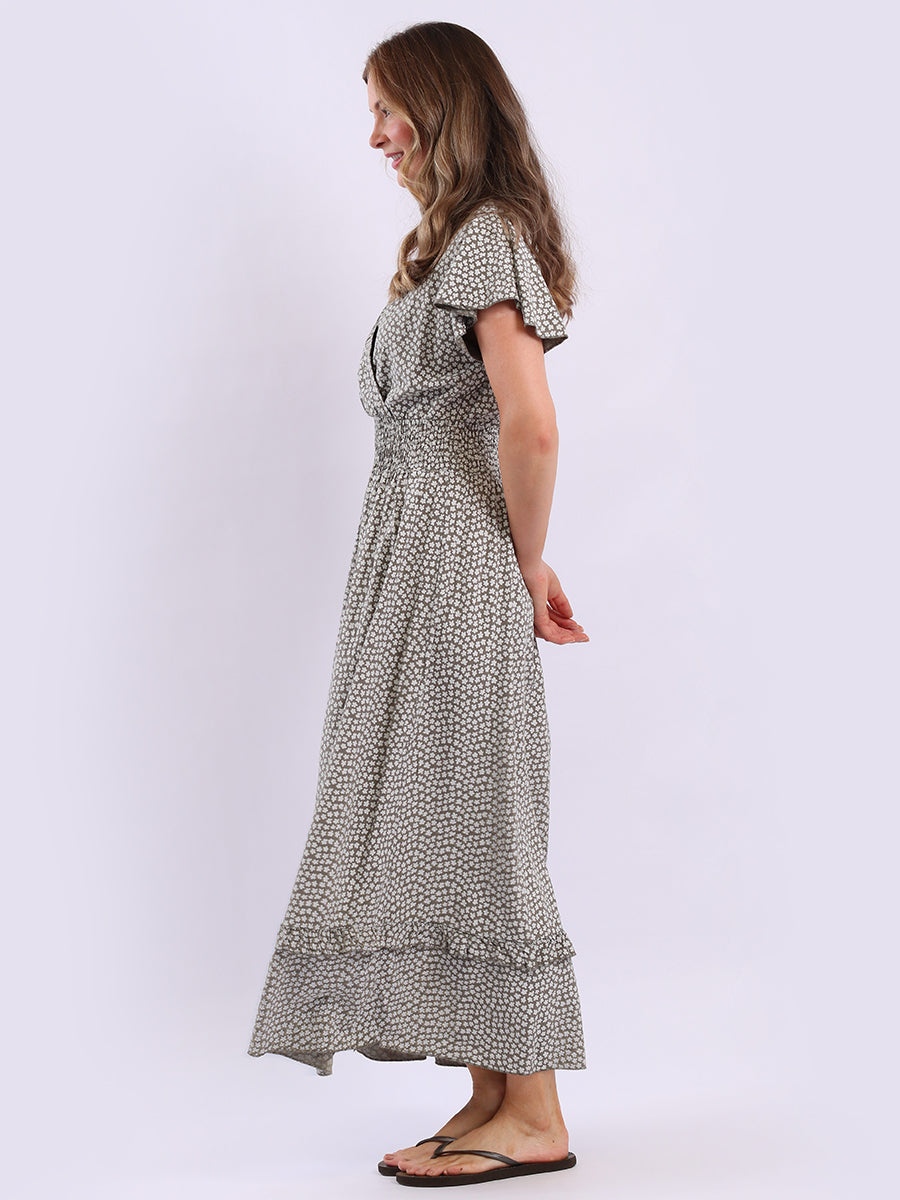 V Wrap Neck Smocked Floral Dress