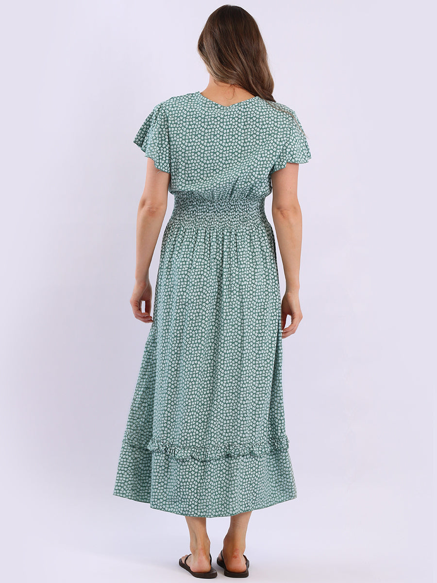 V Wrap Neck Smocked Floral Dress