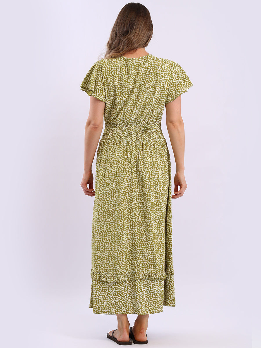 V Wrap Neck Smocked Floral Dress