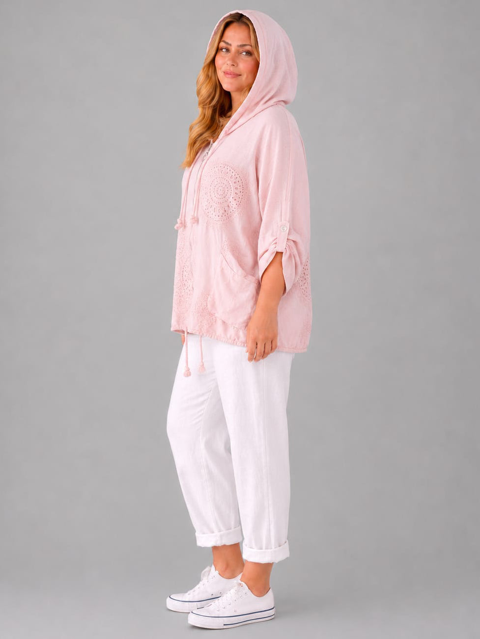 Embroidered Panel Front Zipper Hooded Jacket