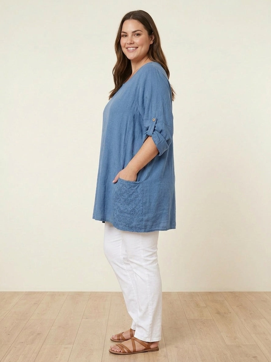Broderie Detailed Front Pockets Oversized Top