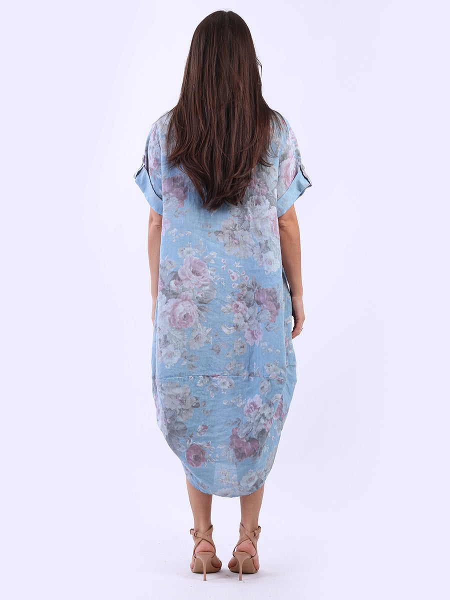 Oversized Linen Floral Print Midi Dress