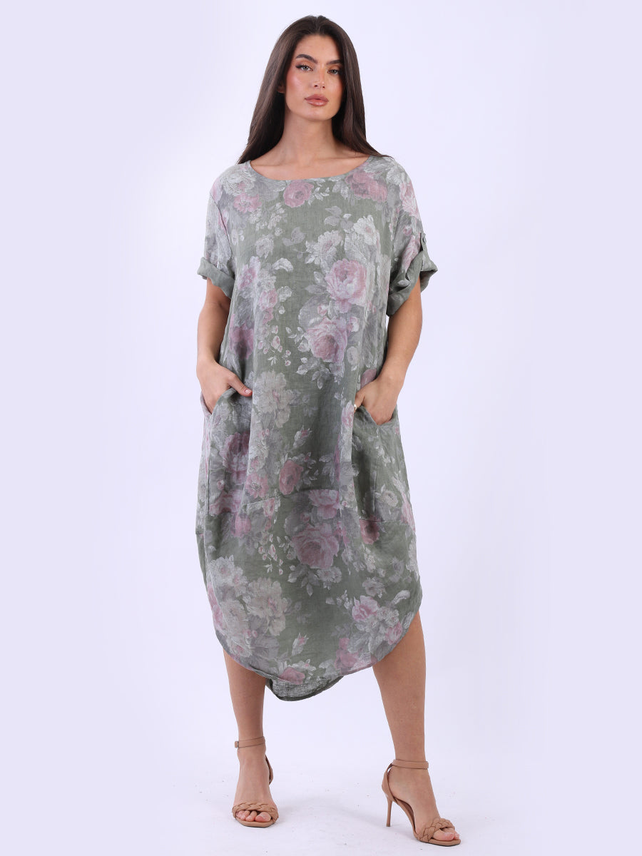 Oversized Linen Floral Print Midi Dress