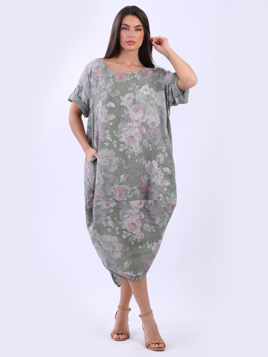 Oversized Linen Floral Print Midi Dress