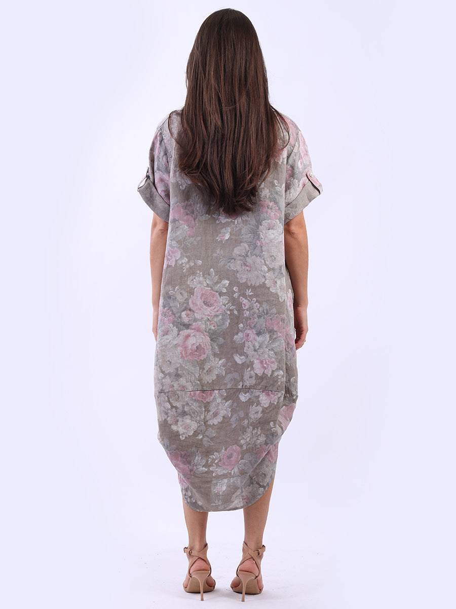 Oversized Linen Floral Print Midi Dress