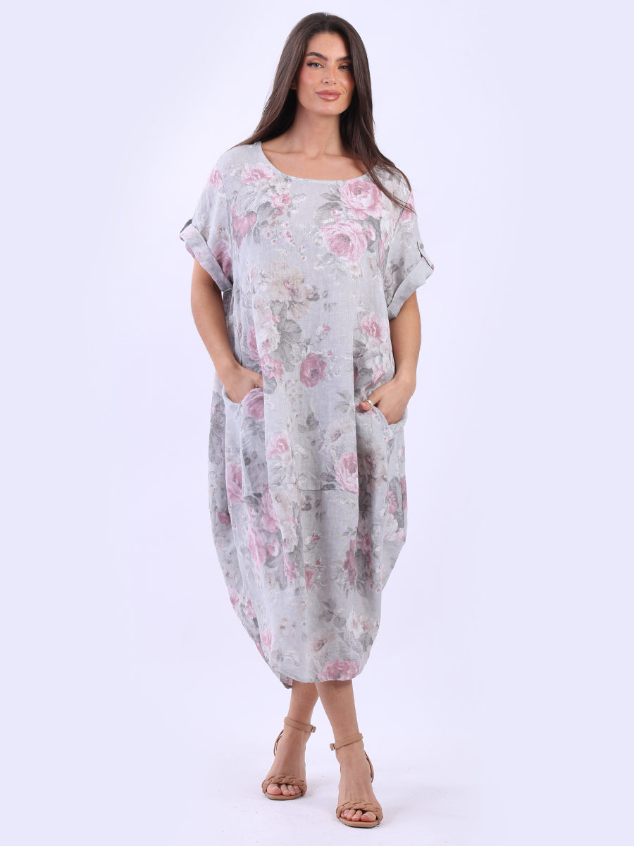 Oversized Linen Floral Print Midi Dress