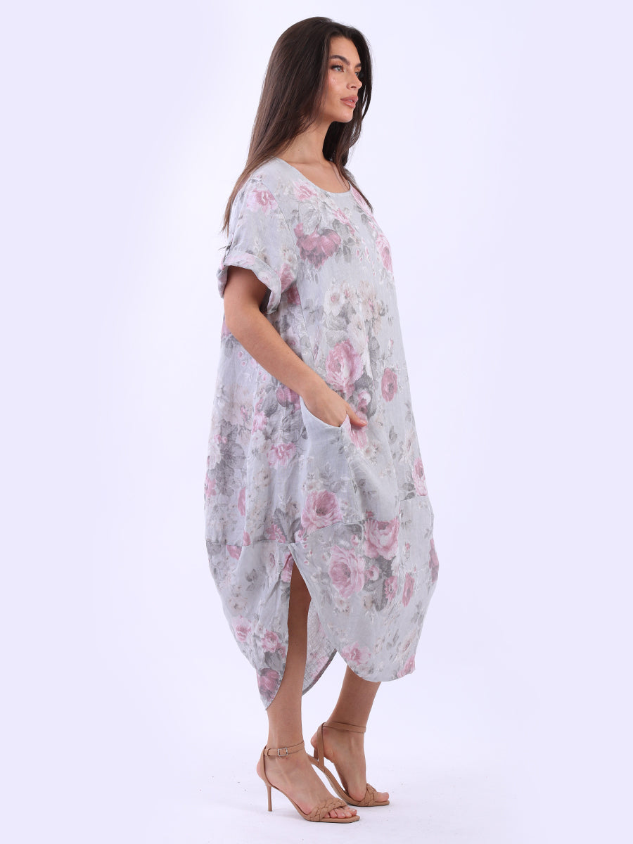 Oversized Linen Floral Print Midi Dress