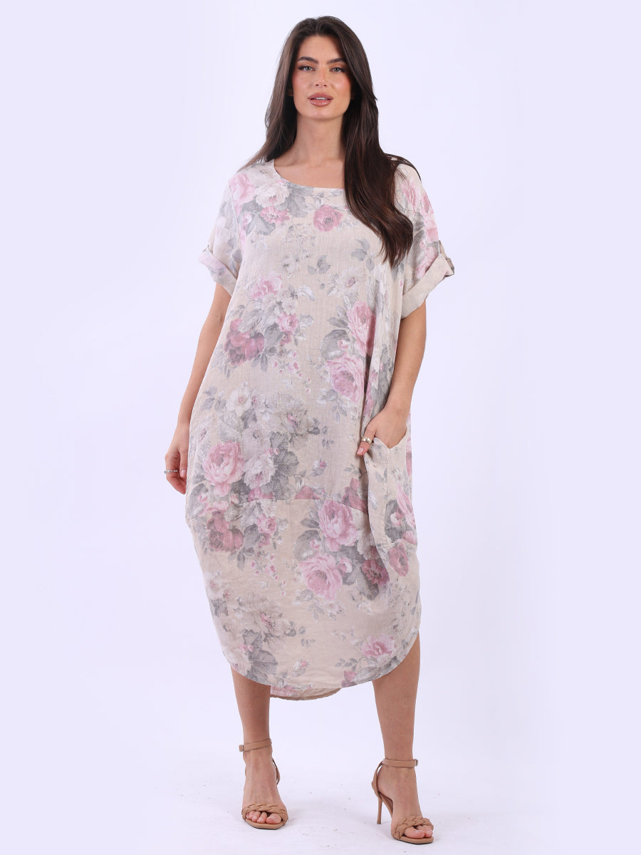 Oversized Linen Floral Print Midi Dress