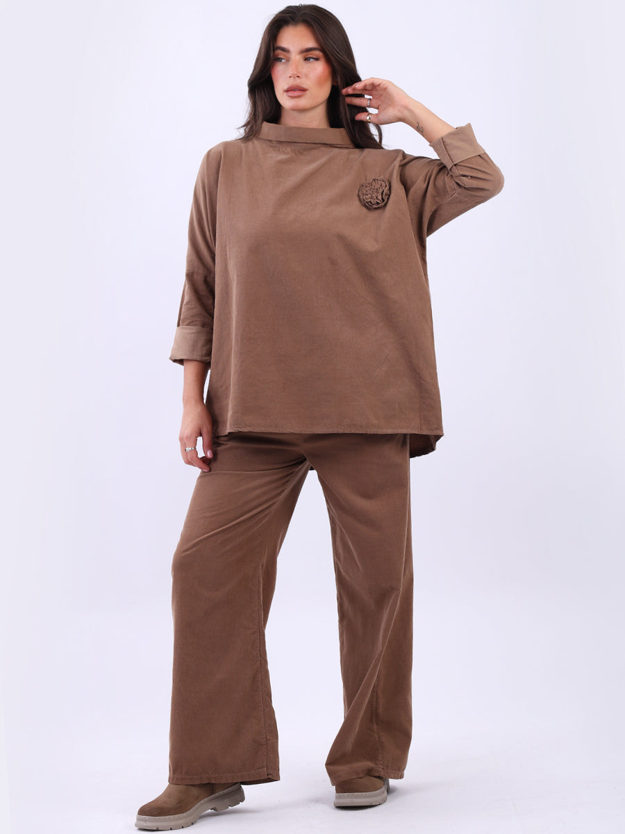 Cowl Neck Solid Cotton Corduroy Baggy Top