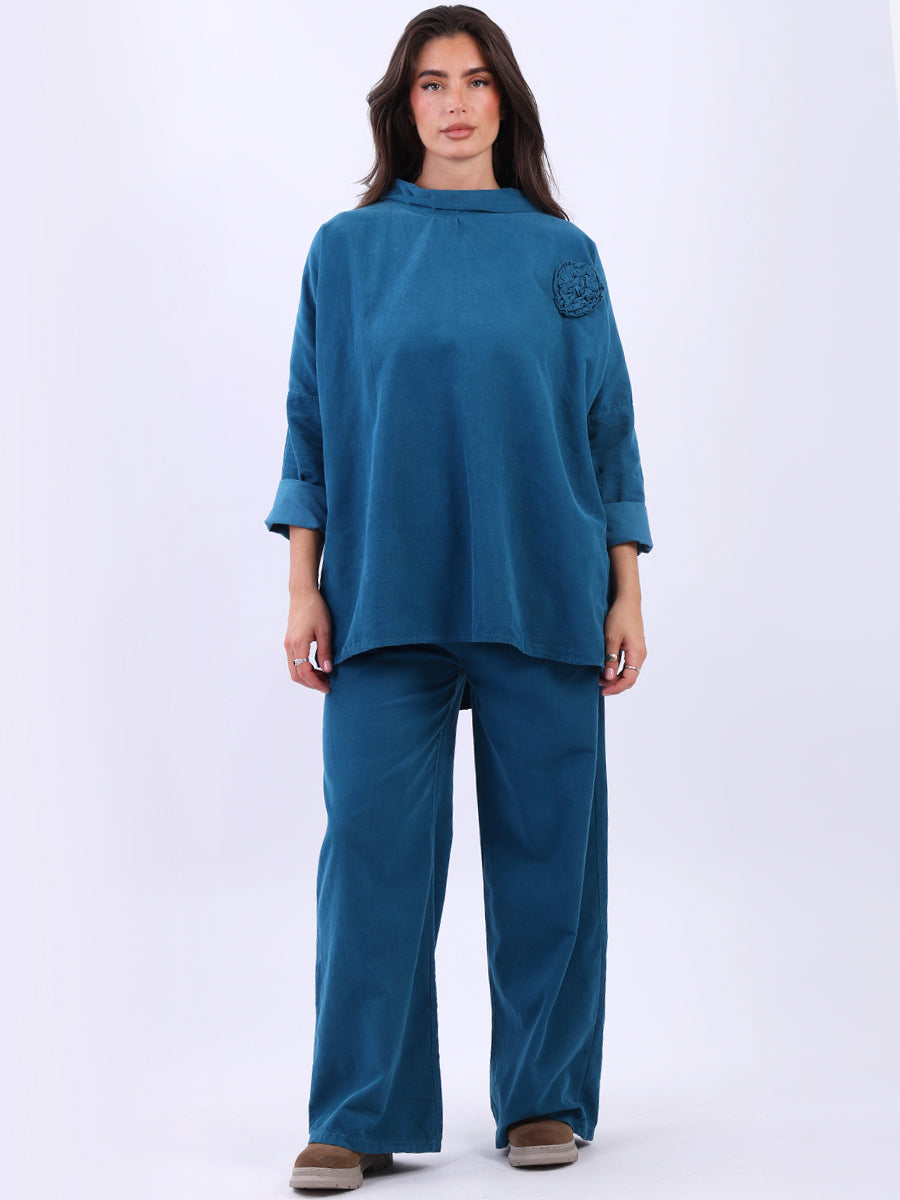 Cowl Neck Solid Cotton Corduroy Baggy Top