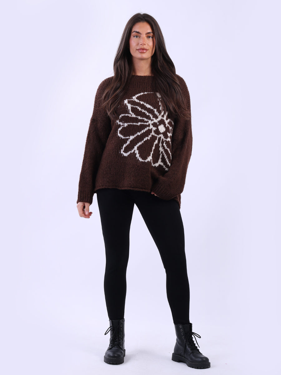 Drop Shoulder Floral Knit Wooly Jumper