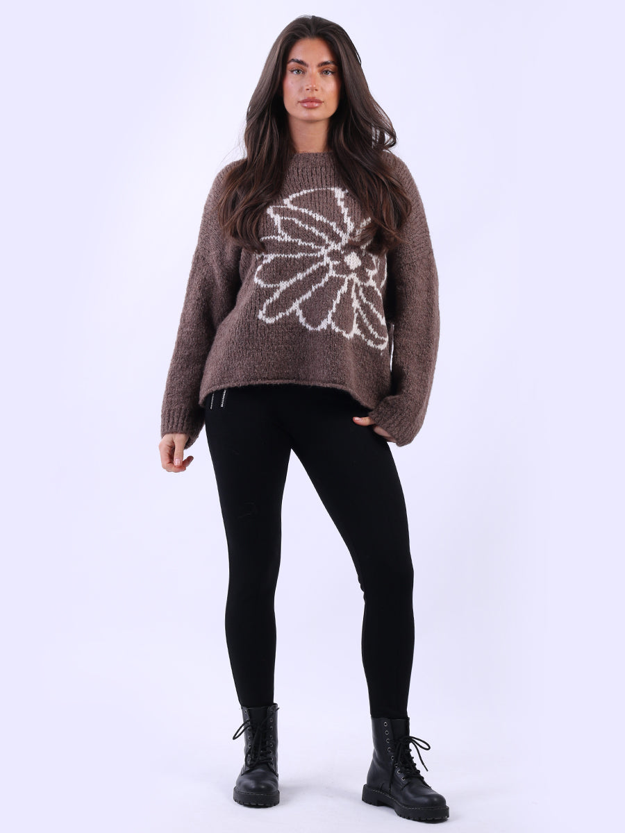 Drop Shoulder Floral Knit Wooly Jumper