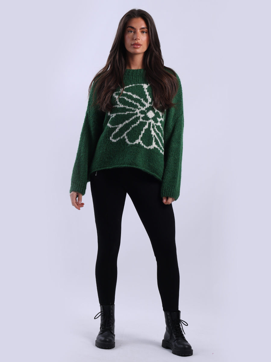Drop Shoulder Floral Knit Wooly Jumper
