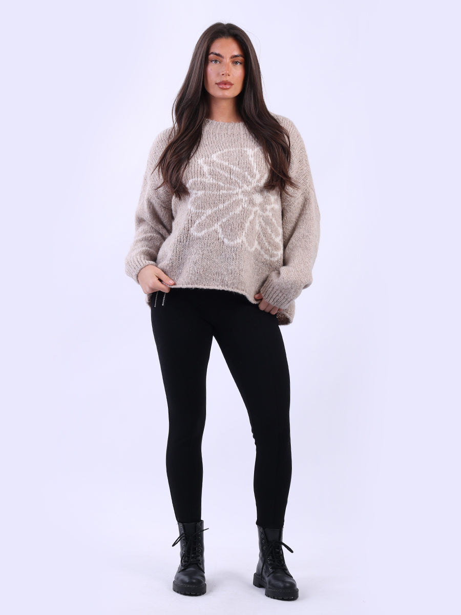 Drop Shoulder Floral Knit Wooly Jumper
