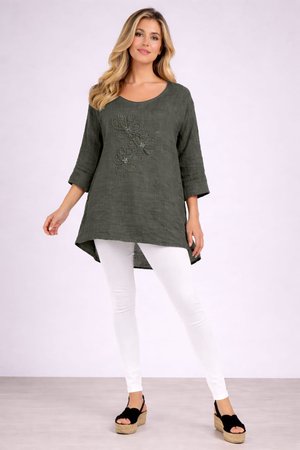 Flower Applique Linen Top Khaki