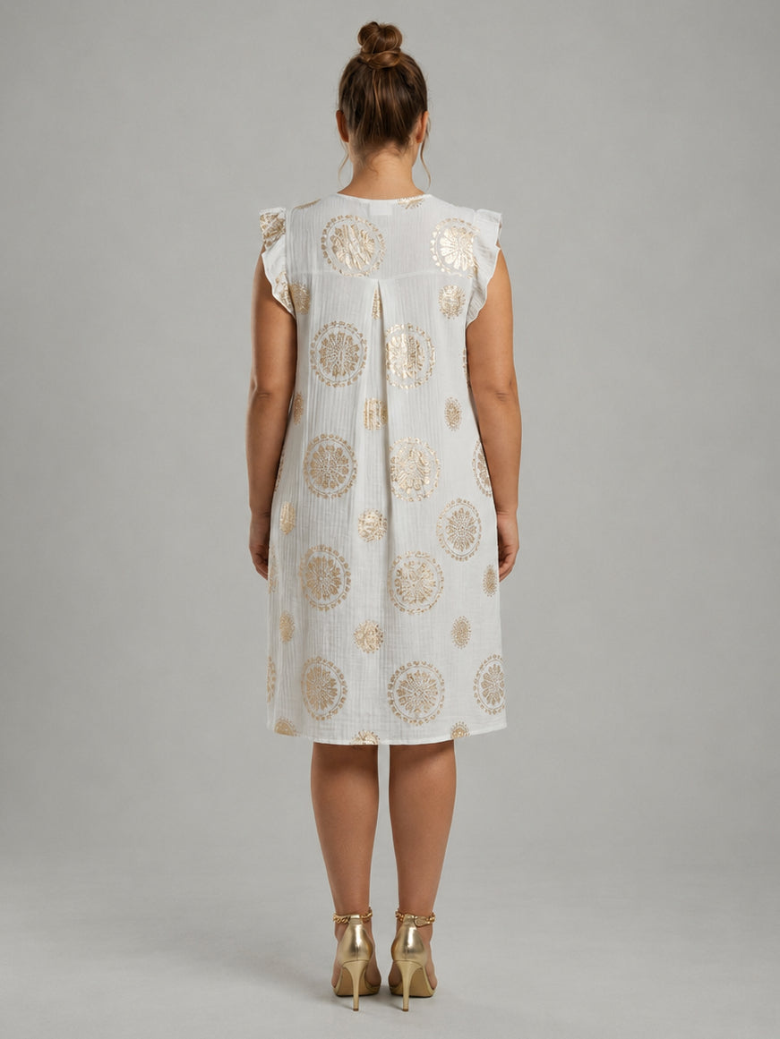 Flutter Sleeves Gold Foil Printed Plus Size Midi Dress