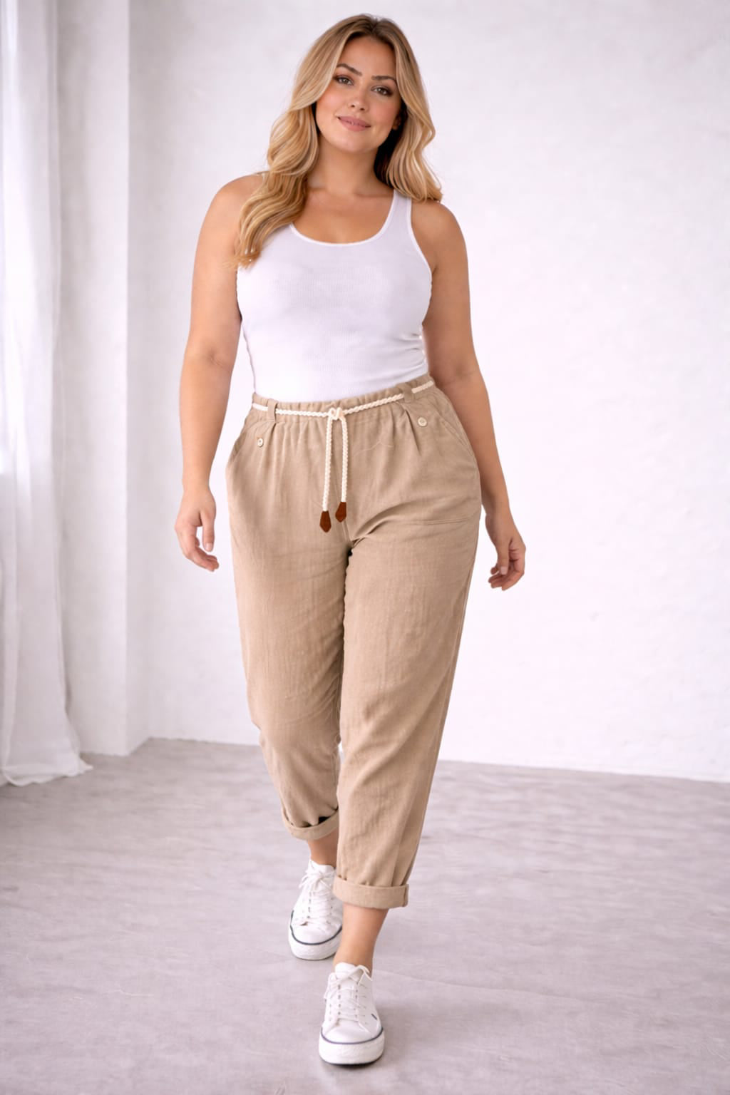 High Waist Linen Pants Beige