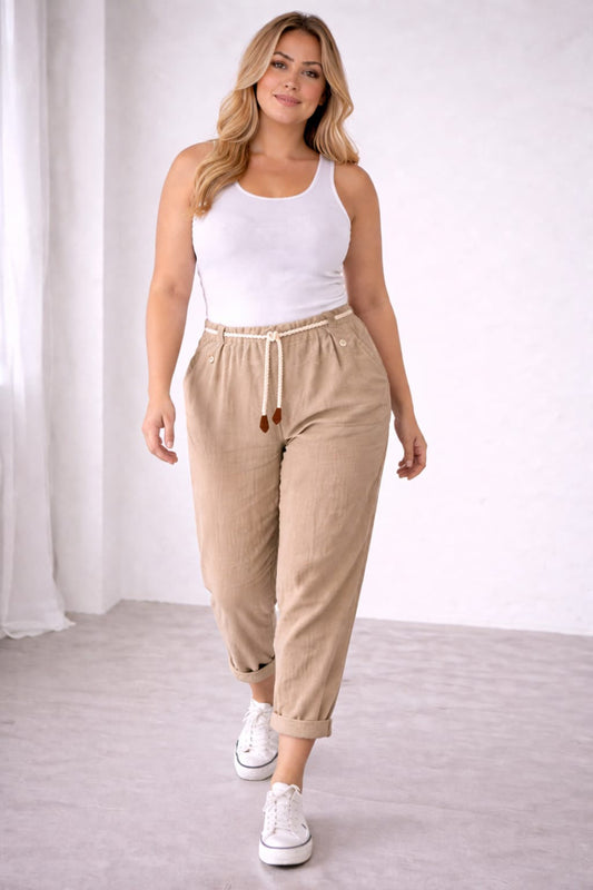 High Waist Linen Pants Beige