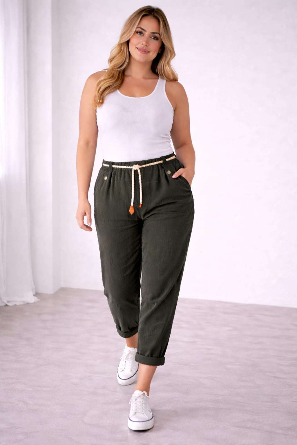 High Waist Linen Pants Khaki