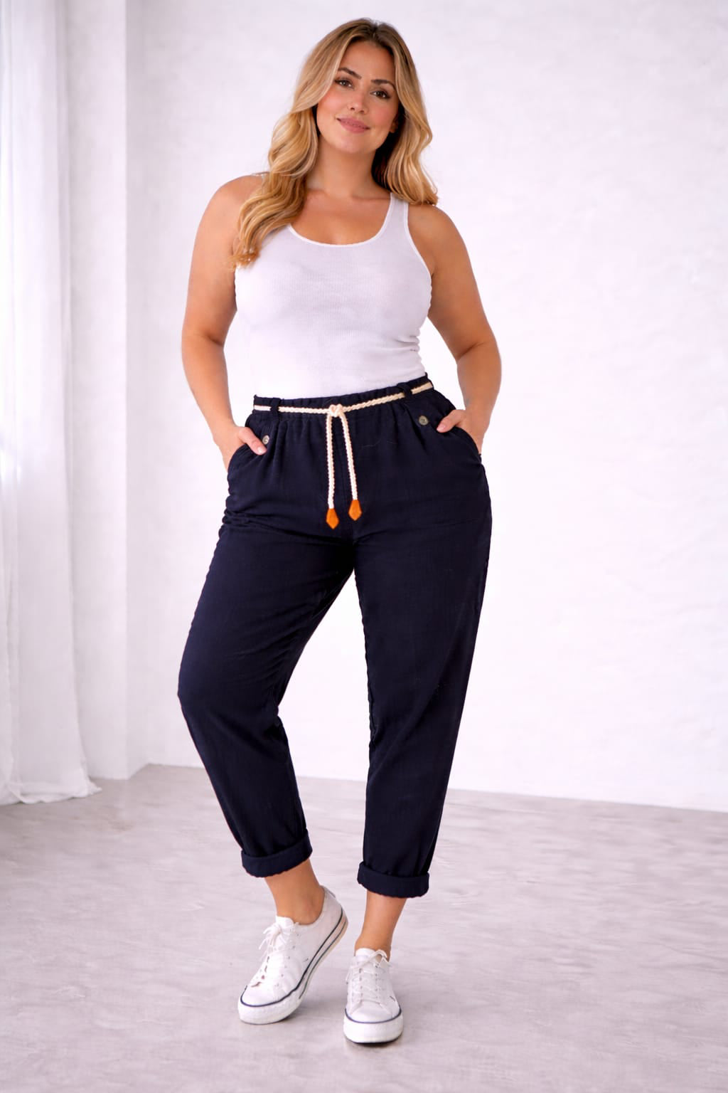 High Waist Linen Pants Navy