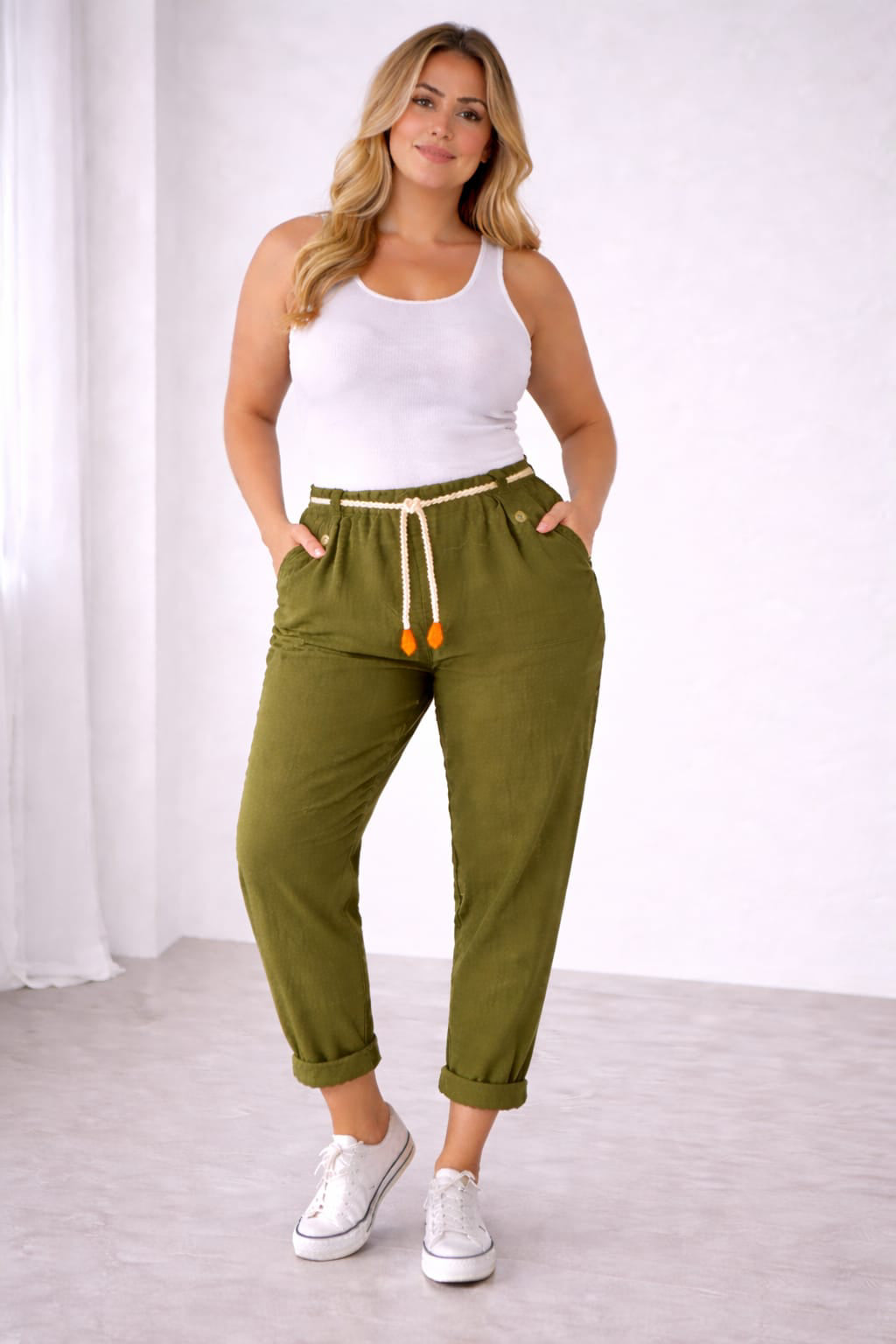 High Waist Linen Pants Olive