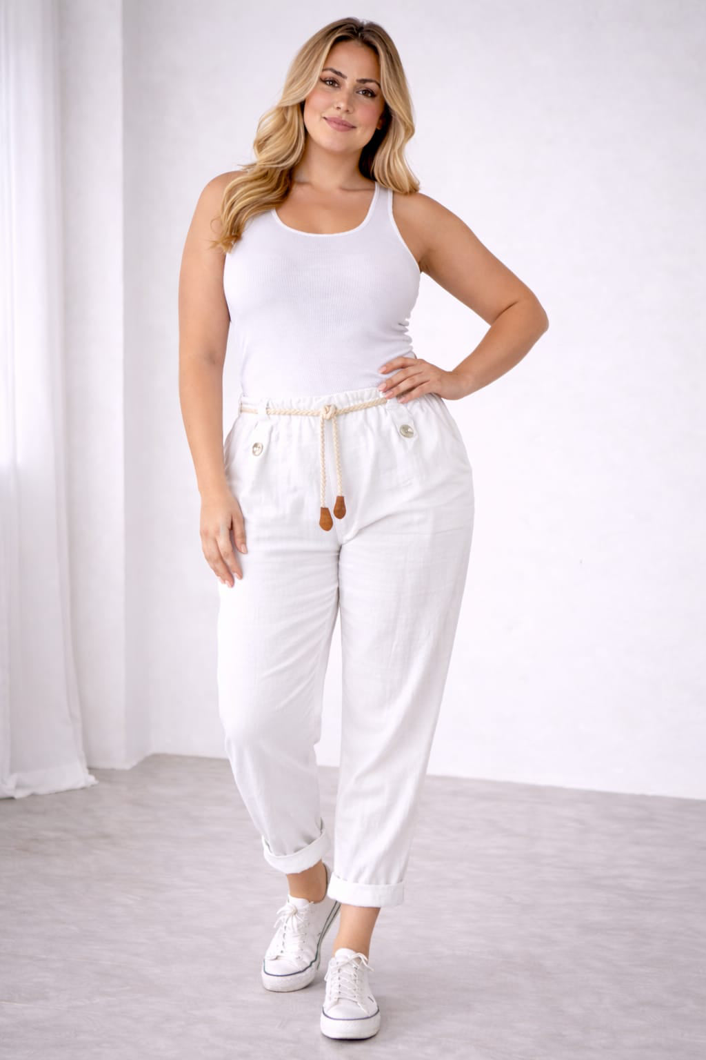 High Waist Linen Pants White