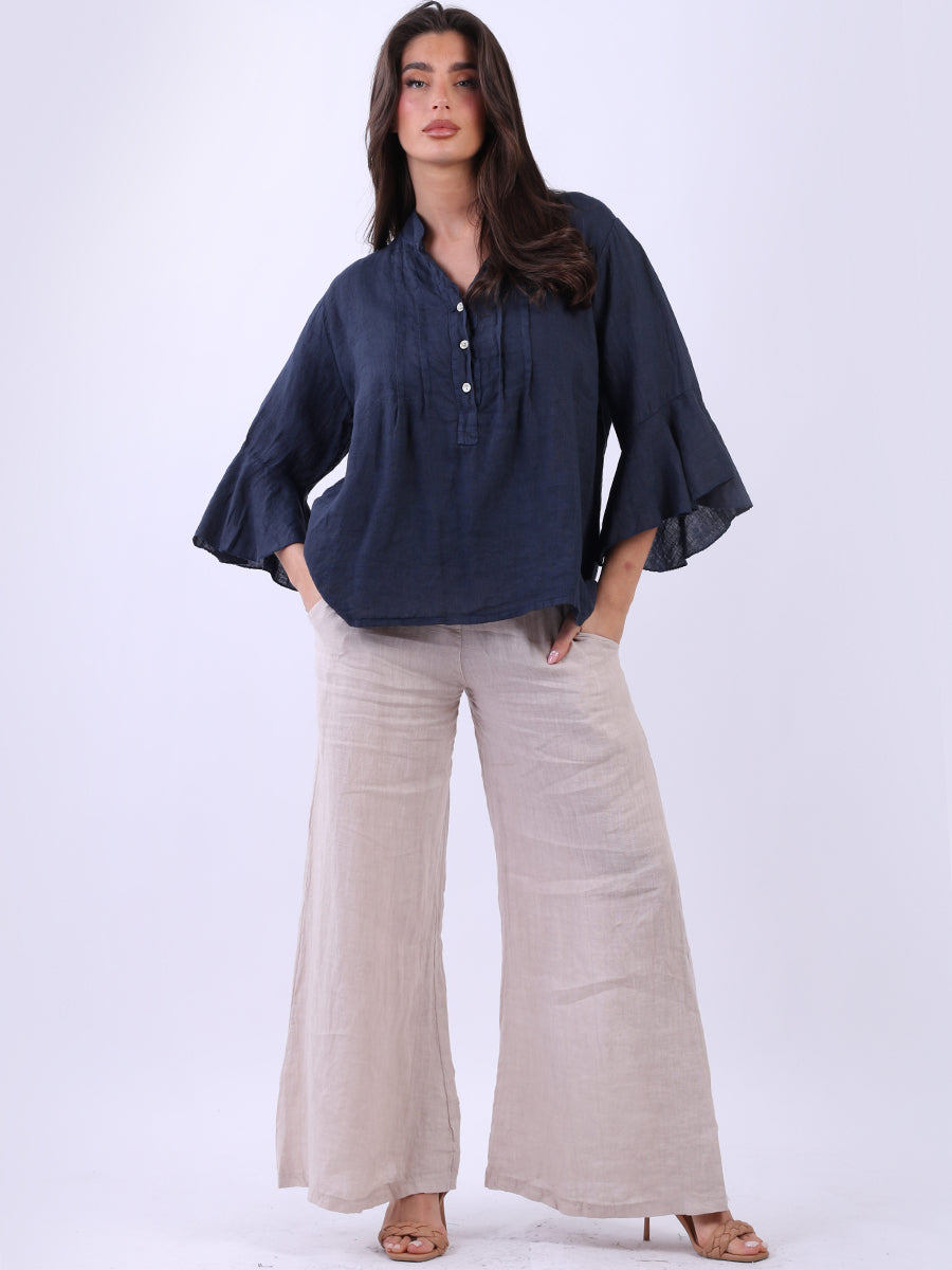 Solid Linen Bell Arms Crop Boxy Blouse