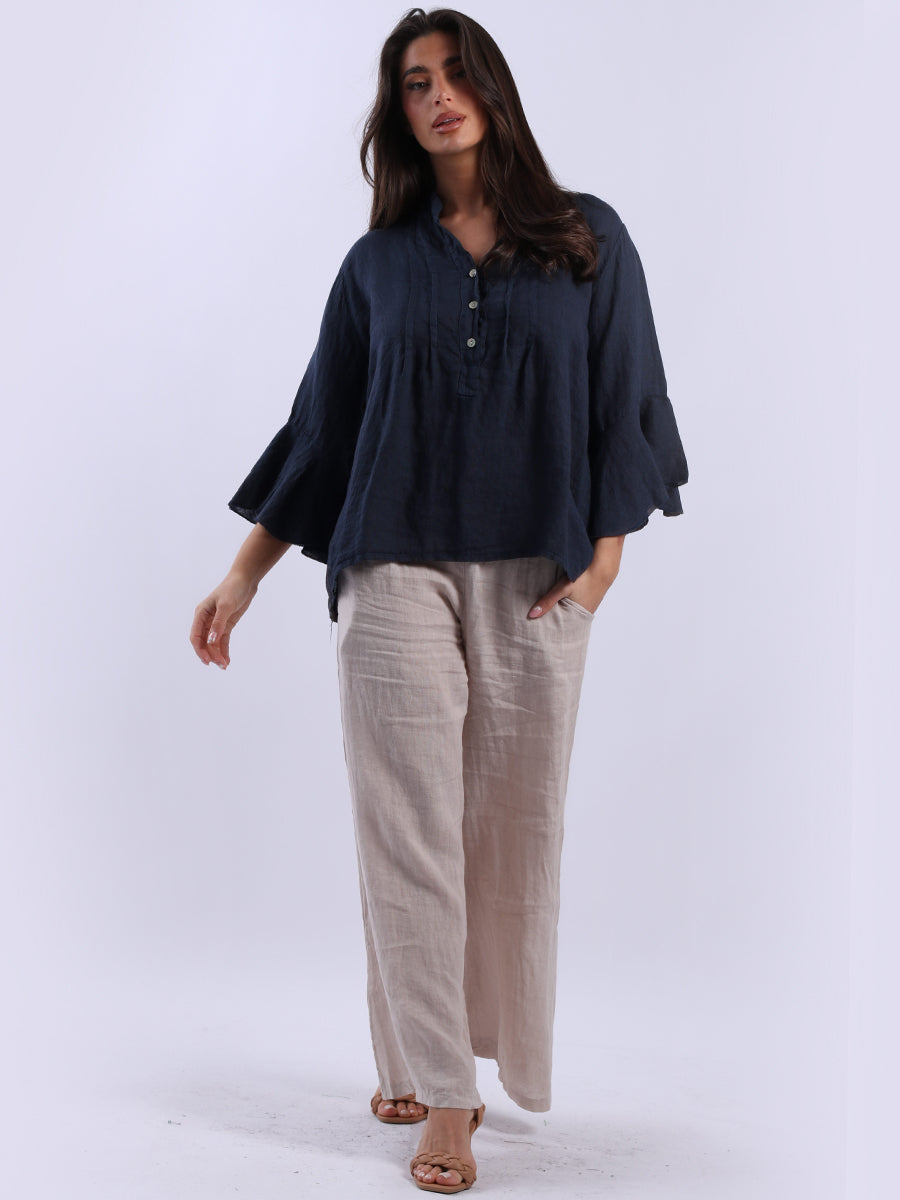 Solid Linen Bell Arms Crop Boxy Blouse