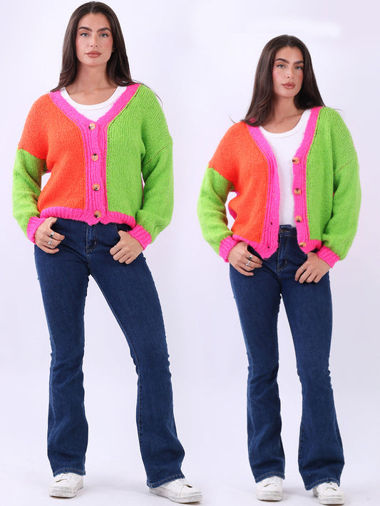 Chunky Knit Multi Color Crop Wooly Cardigan